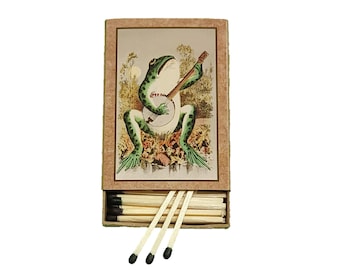 Handmade in USA, “Banjo Froggy” Large Matchbox. 3-Inch Black-Tipped Wooden Matches. Vintage Quirky Frog Musician! Decorative. 100% Recycled!
