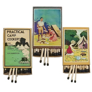 Handmade &quot;Camp Cookin&#39;&quot; Set of 3 Matchboxes | USA | 3-Inch Wooden Matches | Vintage Kids Camping | Decorative, Collectible | Recycled!