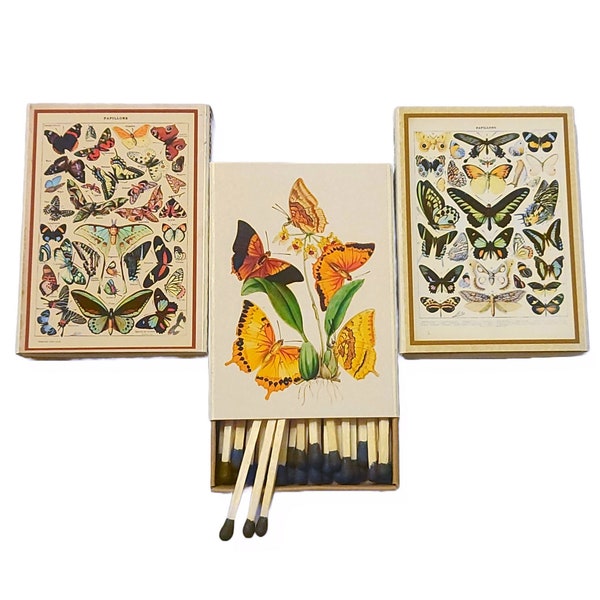 Handmade "Beautiful Butterflies" Set of 3 Matchboxes | USA | 3-Inch Black Tipped Wooden Matches | Decorative | Recycled!