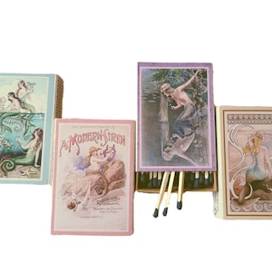 Handmade &quot;Siren Songs&quot; Set of Four Matchboxes | USA | 3-Inch Black Tipped Wooden Matches | Vintage Mermaids | Decorative | Recycled!