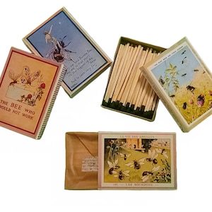 Handmade &quot;Silly Bees&quot; Set of Four Matchboxes | USA | 3-Inch Black Tipped Wooden Matches | Botanical Art | Decorative | Recycled!