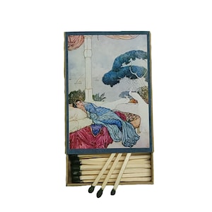 Handmade in USA, “Lady In Repose” Large Matchbox. 60 Black-Tipped Wooden Matchsticks. Vintage Asian Art. 100% Recycled!