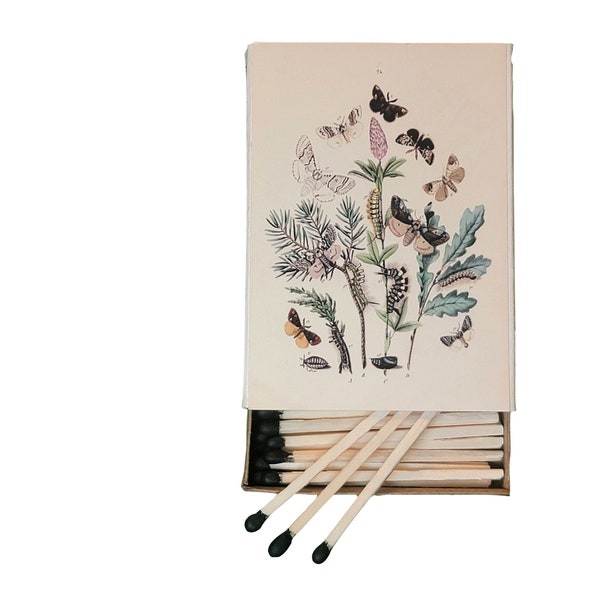 Handmade in USA, “Botanical Butterflies” Large Matchbox. 3-Inch Black-Tipped Wooden Matches. Vintage Art. Decorative. 100% Recycled!