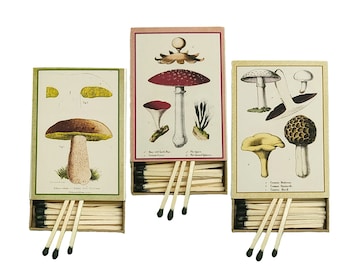Handmade &quot;Mushrooms!&quot; Set of Three Mushrooms | USA | 3-Inch Black Tipped Wooden Matches | Botanical Art | Decorative | Recycled!
