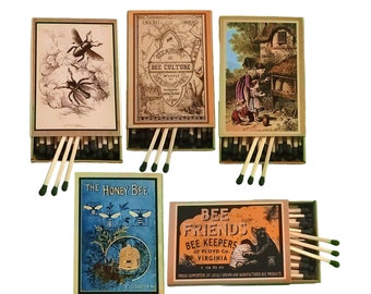 Handmade "Vintage Bees" Set of Five Matchboxes | USA | 3-Inch Black Tipped Wooden Matches | Botanical Art | Decorative | Recycled!