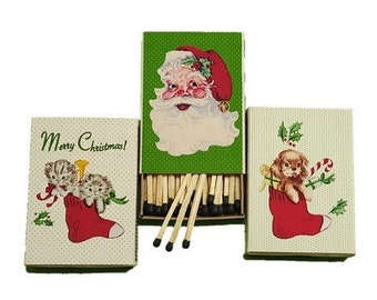 Handmade &quot;Retro Christmas&quot; Set of Three | USA | 3-Inch Black Tipped Wooden Matches | 1950s Holiday Art | Decorative | Recycled!