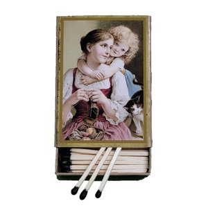 Handmade in USA, “A Mother&#39;s Love” Large Matchbox. 3-Inch Black-Tipped Wooden Matches. Mother & Child Art Print. Decorative. 100% Recycled!