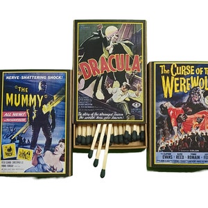 Handmade &quot;Monster Movies&quot; Set of Three Matchboxes | USA | Large 3-Inch Black Tipped Wooden Matches | Halloween | Decorative | Recycled!