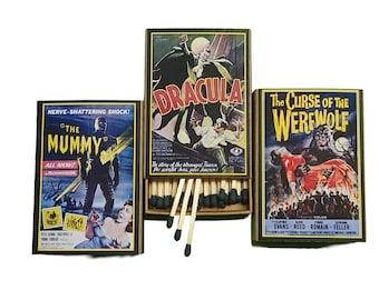 Handmade &quot;Monster Movies&quot; Set of Three Matchboxes | USA | Large 3-Inch Black Tipped Wooden Matches | Halloween | Decorative | Recycled!