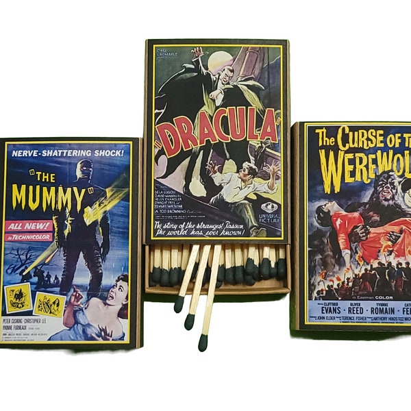 Handmade "Monster Movies" Set of Three Matchboxes | USA | Large 3-Inch Black Tipped Wooden Matches | Halloween | Decorative | Recycled!