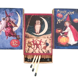Handmade &quot;Spooky Night&quot; Set of Three Matchboxes | USA | Large 3-Inch Black Tipped Wooden Matches | Halloween | Decorative | Recycled!
