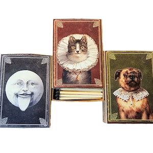 Handmade &quot;Moonlight Madness&quot; Set of Three Matchboxes | USA | 3-Inch Black Tipped Wooden Matches | Vintage Cat, Dog, Moon | Recycled!