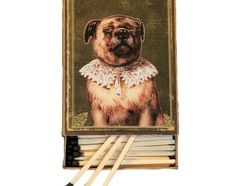 Handmade in USA, “Dandy Bulldog” Large Matchbox. 3-inch Black-Tipped Wooden Matchsticks. Vintage. Decorative & Collectible. 100% Recycled!