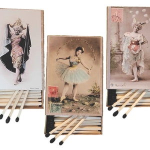 Handmade  &quot;Burlesque Beauties&quot; Set of Three Matchboxes | USA | 3-Inch Black-Tipped Wooden Matches | Vintage Pin-Ups | Decorative | Recycled!