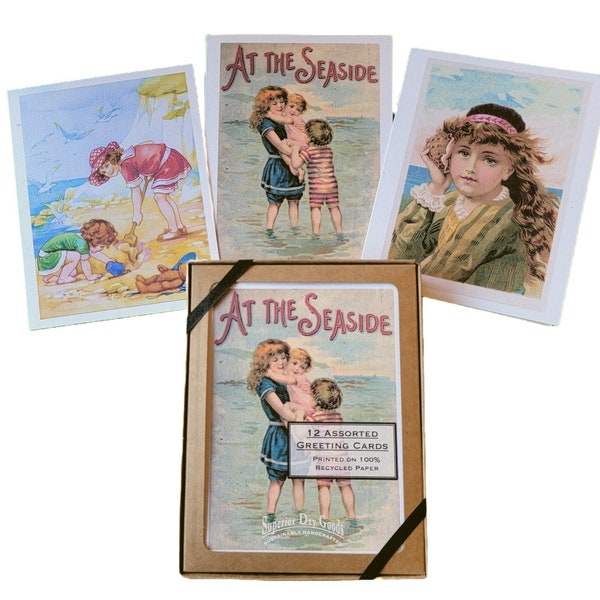 100% Recycled "At The Seaside" Note Cards, Set of 12 Handmade Blank Greeting Cards. Antique, Vintage Art Prints.