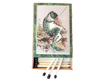 Handmade in USA, “Froggy Fiddler” Large Matchbox. 3-Inch Black-Tipped Wooden Matches. Vintage Quirky Frog Musician! Decorative. Recycled!
