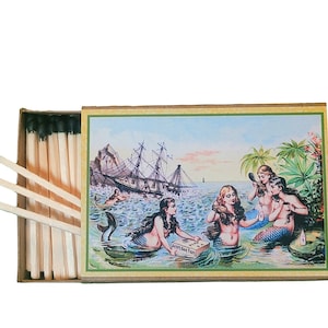 Handmade in USA, “Mermaid Cove” Large Matchbox. 3-Inch Black-Tipped Wooden Matches. Vintage Mermaid Ad! Decorative. 100% Recycled!