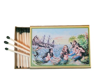 Handmade in USA, “Mermaid Cove” Large Matchbox. 3-Inch Black-Tipped Wooden Matches. Vintage Mermaid Ad! Decorative. 100% Recycled!