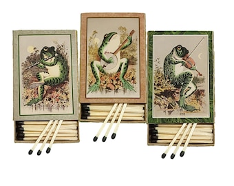 Handmade &quot;Bayou Band&quot; Set of Three Matchboxes | USA | 3-Inch Black-Tipped Wooden Matches | Fiddle, Banjo, Flute | Decorative | Recycled!