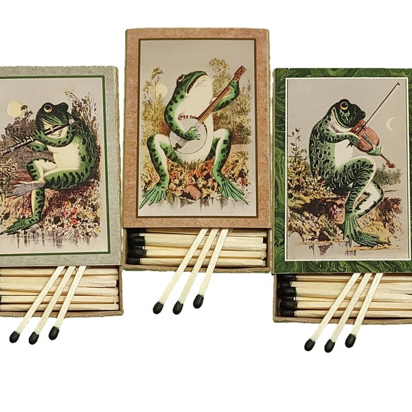 Handmade "Bayou Band" Set of Three Matchboxes | USA | 3-Inch Black-Tipped Wooden Matches | Fiddle, Banjo, Flute | Decorative | Recycled!