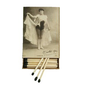 Handmade in USA, “Sepia Damsel” Large Matchbox. 3-Inch Black-Tipped Wooden Matches. Vintage Burlesque. Decorative. 100% Recycled!