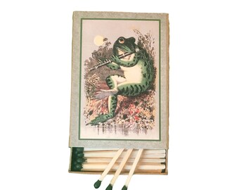Handmade in USA, “Froggy Flutist” Large Matchbox. 3-Inch Black-Tipped Wooden Matches. Quirky Vintage Frog Musician! Decorative. Recycled!