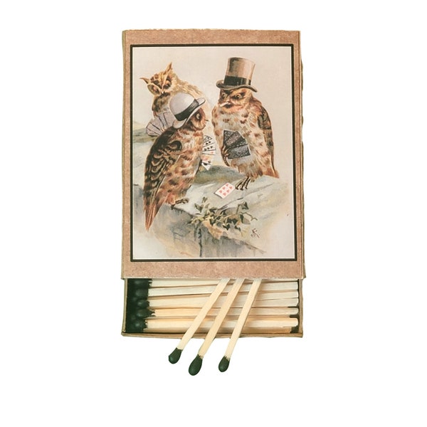 Handmade in USA, “Owls Playing Poker” Large Matchbox. 3-Inch Black-Tipped Wooden Matches. Vintage Quirky Owl Art! Decorative. 100% Recycled!