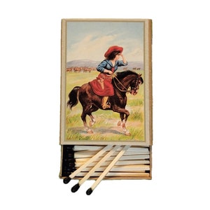 Handmade in USA, “Cowgirl” Large Matchbox. 3-Inch Black-Tipped Wooden Matches. Vintage Western Horse Art. Decorative. 100% Recycled!