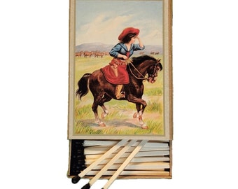 Handmade in USA, “Cowgirl” Large Matchbox. 3-Inch Black-Tipped Wooden Matches. Vintage Western Horse Art. Decorative. 100% Recycled!