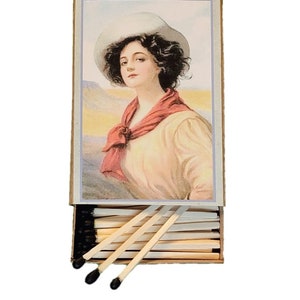 Handmade in USA, “Oklahoma Beauty” Large Matchbox. 3-Inch Black-Tipped Wooden Matchsticks. Vintage Western Art. 100% Recycled!