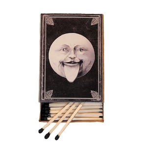 Handmade in USA, “Man In The Moon” Large Matchbox. 40 Black-Tipped Wooden Matches, 3-inches. Quirky Vintage Art. Decorative. 100% Recycled!