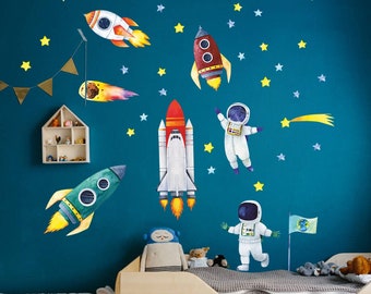 Watercolor wall stickers - Astronauts, Space, Rockets, Cosmonauts | Peel and Stick | Space | Bedroom | Playroom