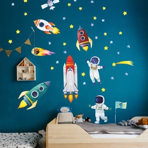 Aquarell Wandaufkleber Weltraum, Raketen, Kosmonauten Schälen und aufkleben Leerzeichen Schlafzimmer Spielzimmer Bild 1