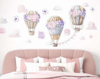 Large wall stickers Colorful balloons with flowers, clouds, stars - Watercolor hand painted stickers