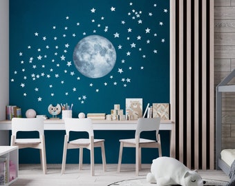 Big Moon Wall Stickers NIGHT SKY stars and realistic MOON wall decals for girls and boys room kids room - perfect gift for baby shower