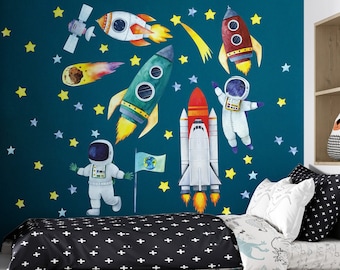 Watercolor Astronauts wall stickers - Space, Rockets, Cosmonauts | Peel and Stick | Space | Bedroom | Playroom