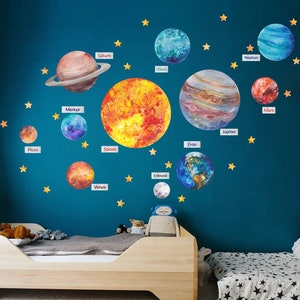 Aquarell Sonnensystem Große Wandtattoos für Kinder, Große Wandaufkleber Planeten, Kinderzimmer, Wandsticker, Wand Dekor Set Selbstklebend Bild 1