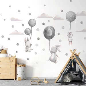 Wall Stickers Bunnies Flying on Gray Balloons - Large wall decoration Child's room Birthday gift Baby shower Rabbits sticker - Hares