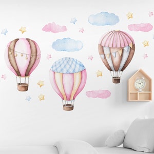Wall Stickers for Kids, Nursery Decals Pink and Blue Hot Air Balloons image 1