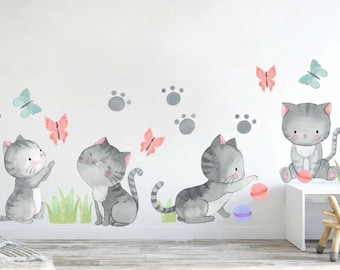 Wall Stickers for Kids - Playing Kittens - Watercolor Nursery Decals - Cute Animals