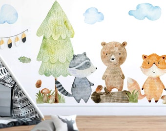 Wall Stickers for Kids, Watercolor Nursery Decals - Clouds, Cute Animals, Fox, Racoon, Bear