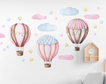 Große Wandaufkleber Heißluftballons, Aquarell fürs Kinderzimmer, Wandsticker, Wand Dekor Set Selbstklebend Rosa und Blau