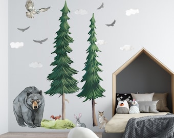 Forest Animals Large Wall Stickers, Nursery Wall Decal, Kids Wall Decals, Wild Watercolor Animals - Bear, Baribal, Lynx, Owl, Trees