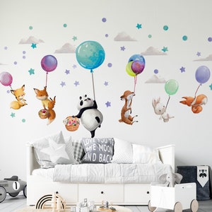 Große Wandsticker Tiere auf bunten Luftballons Panda Hirsch Fuchs Hase Wanddekoration Mädchen Jungenzimmer Geburtstag Babyparty Geschenk Bild 2