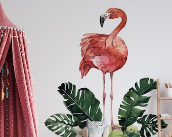 Safari Flamingo Wandtattoo, Dschungel Tiere, tropischen Wandaufkleber, Wandtattoo für Kinder wilde Aquarell Tiere