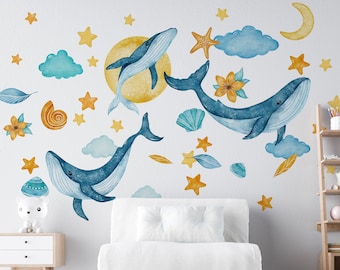 Wall Stickers Whales and Clouds - Large wall decoration Child's room Birthday gift for Baby shower Ocean sticker - whale