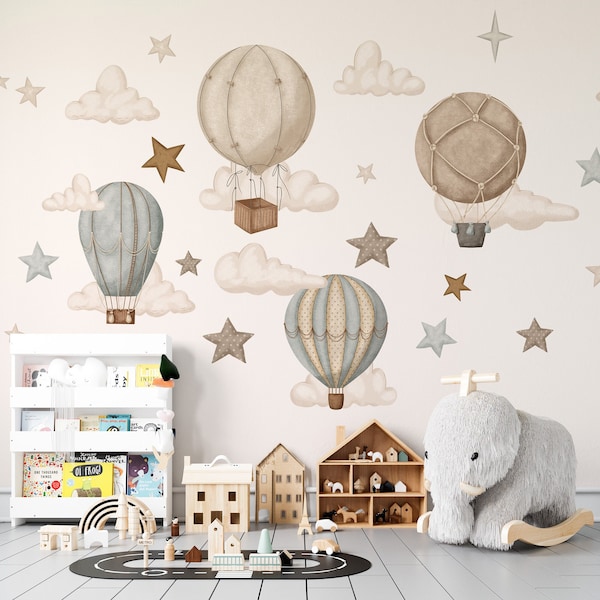 Watercolor Balloons clouds and stars - Big Wall Stickers, Airship - Wall Sticker for a Child's Room