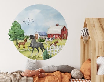 Large Wall Stickers - Farm Circle - Horses, Farm Sticker Country Life, Rural Life