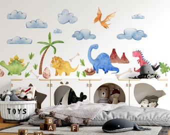 Stickers muraux DINOSAURES aquarelles colorées pour chambre d'enfant