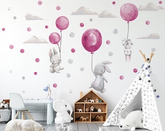 Wall Stickers Bunnies Flying on Pink Balloons - Large wall decoration Child's room - Baby shower Rabbits sticker - Hares